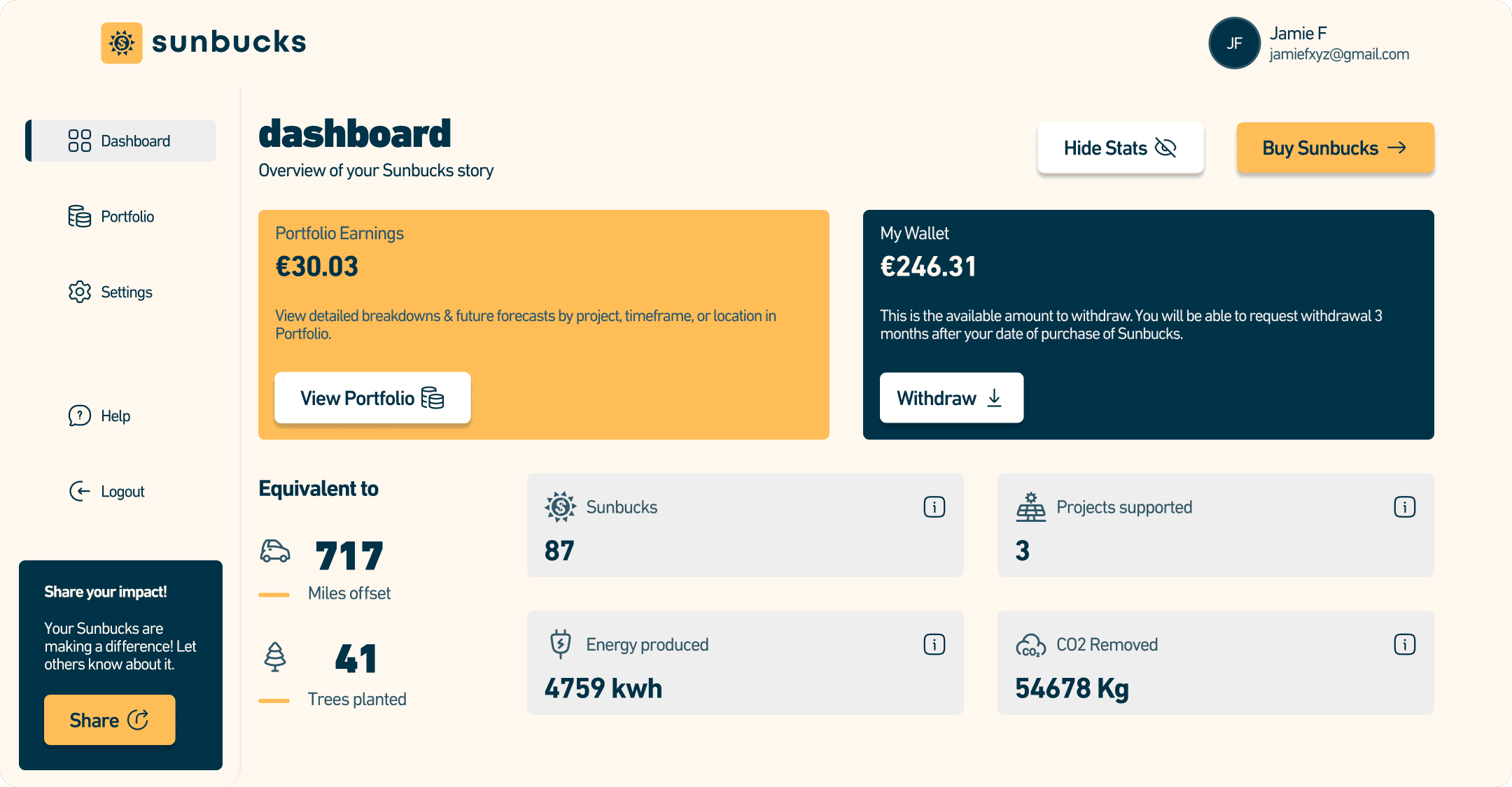 Sunbucks dashboard UI